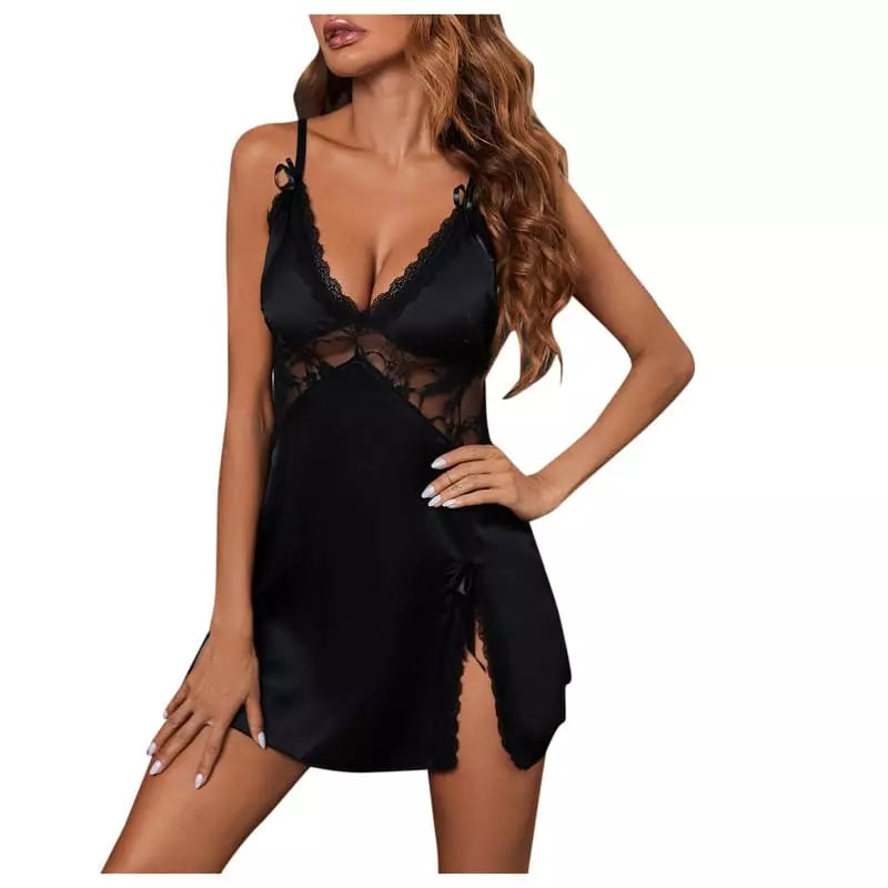 Camisola preta sensual com renda transparente e fenda lateral, lingerie íntima feminina