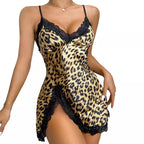 Camisola leopardo com renda preta lingerie feminina sensual