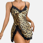 Camisola leopardo com renda preta lingerie feminina sensual