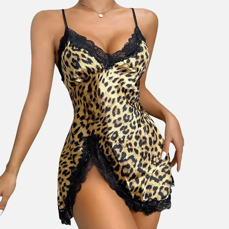 Camisola leopardo com renda preta lingerie feminina sensual