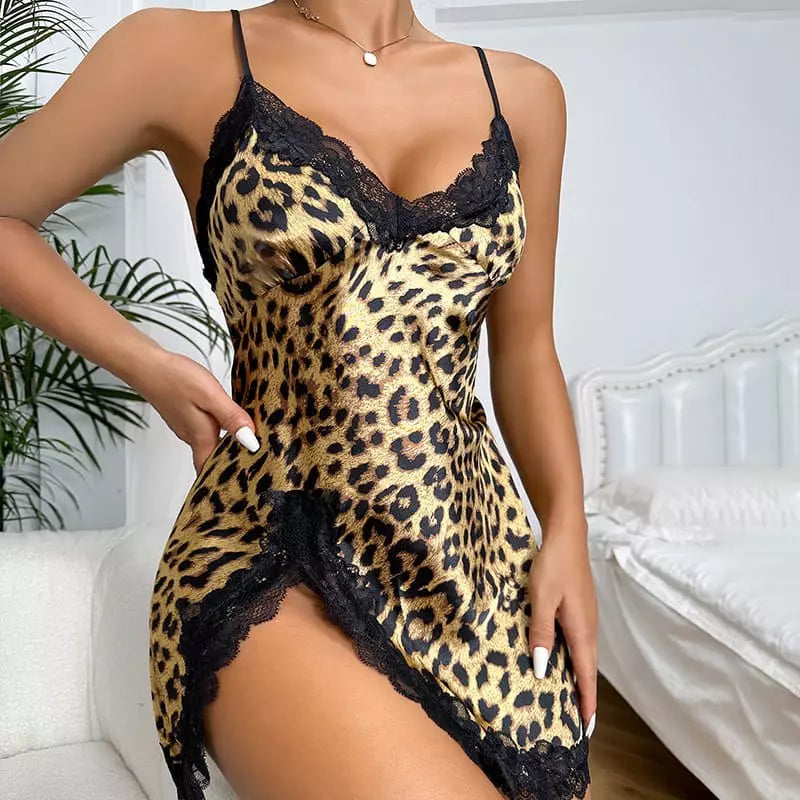 Lingerie leopardo com renda preta camisola sexy feminina