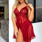 Camisola vermelha rendada com tule transparente lingerie feminina sensual