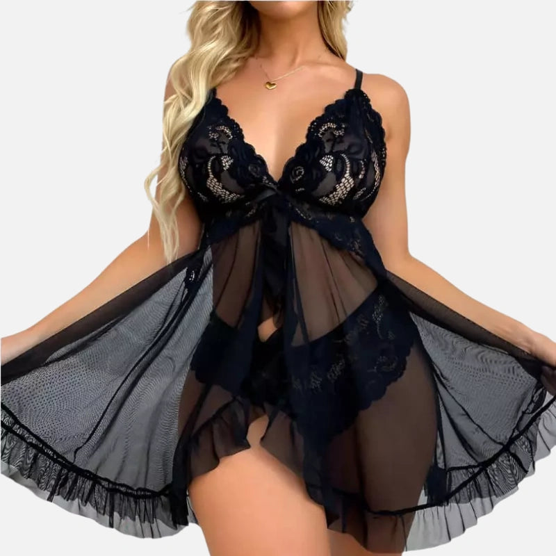 Camisola preta rendada com tule transparente lingerie feminina sensual