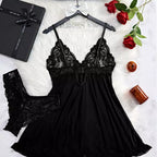 Conjunto lingerie preta rendada camisola e calcinha feminina sensual