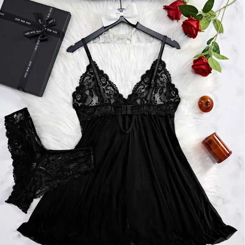 Conjunto lingerie preta rendada camisola e calcinha feminina sensual