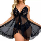 Camisola preta rendada com tule transparente lingerie feminina sensual
