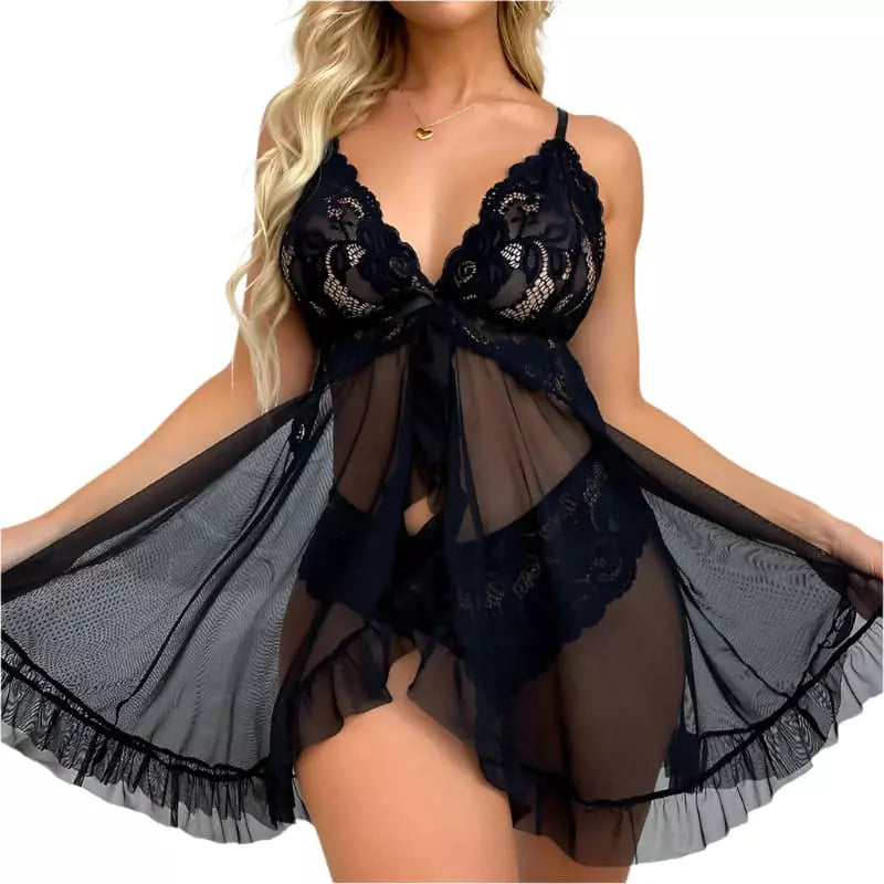 Camisola preta rendada com tule transparente lingerie feminina sensual