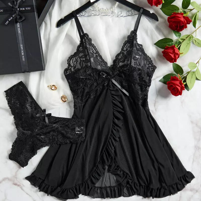 Conjunto lingerie preta rendada camisola e calcinha feminina sensual