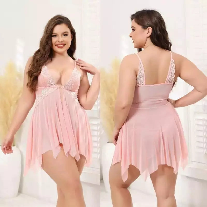 Camisola rosa sensual com renda branca, babydoll assimétrico com alças finas e bojo estruturado.Tentar novamente