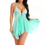 Camisola lingerie verde sensual com renda floral branca e transparência elegante