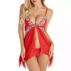 Camisola lingerie vermelha sensual com renda floral branca e transparência elegante