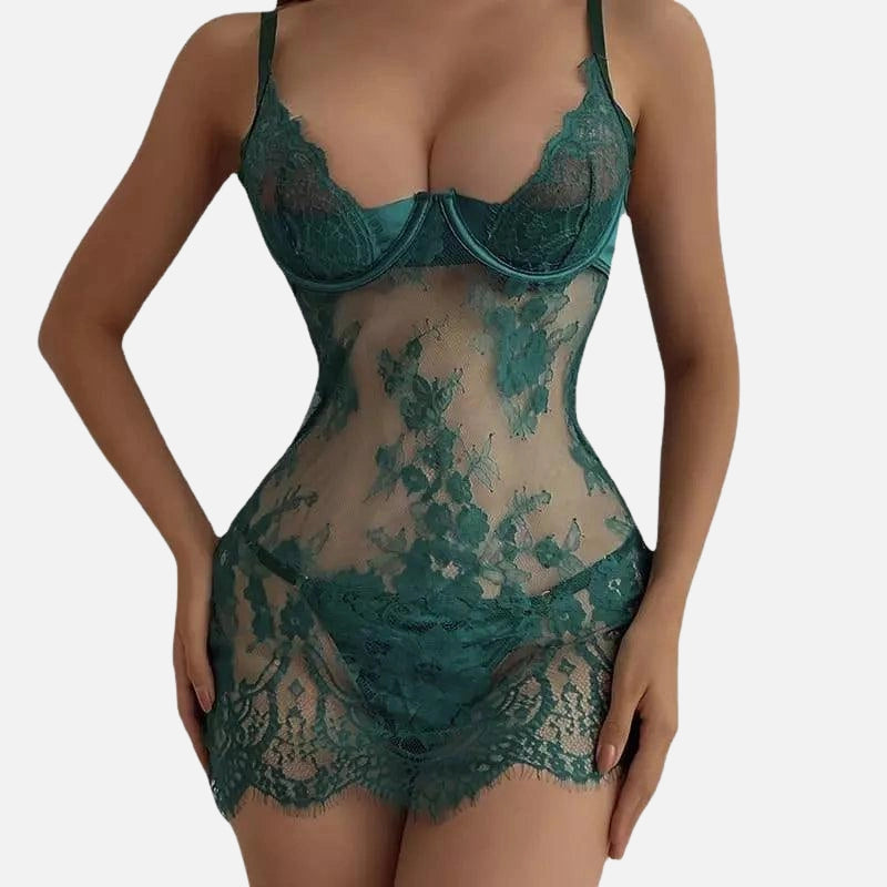 Lingerie conjunto verde renda transparente bojo estruturado, modelo feminino íntimo