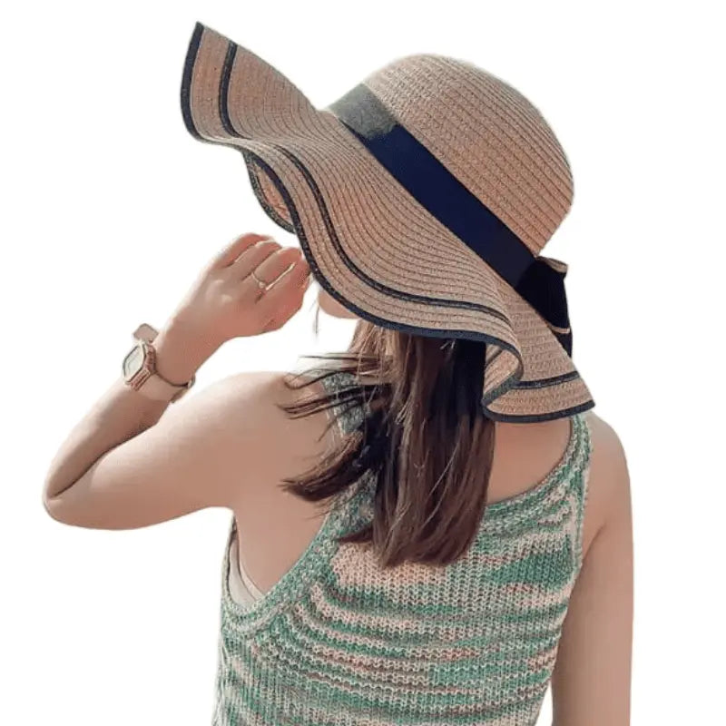 Chapéu de palha feminino com fita azul marinho - proteção solar estilo praia verão