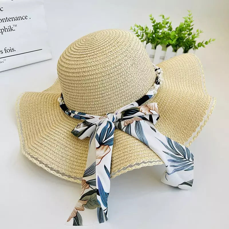 Chapéu de palha bege feminino com lenço folhagem azul, aba larga, estilo tropical