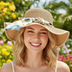 Chapéu de palha feminino com laço floral colorido, aba larga, proteção solar verão