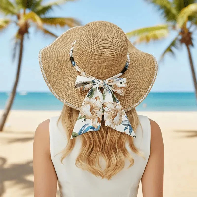 Chapéu de palha feminino com lenço tropical, aba larga, proteção solar praia verão