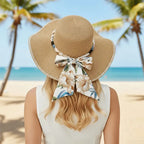 Chapéu de palha feminino com lenço tropical, aba larga, proteção solar praia verão