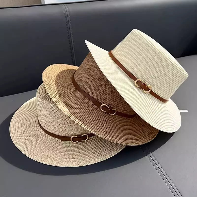 Conjunto chapéus de palha unissex bege, caqui e branco com fitas marrons - proteção solar elegante