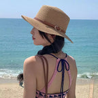 Chapéu de palha feminino aba larga com fita marrom - ideal para praia e proteção solar UV