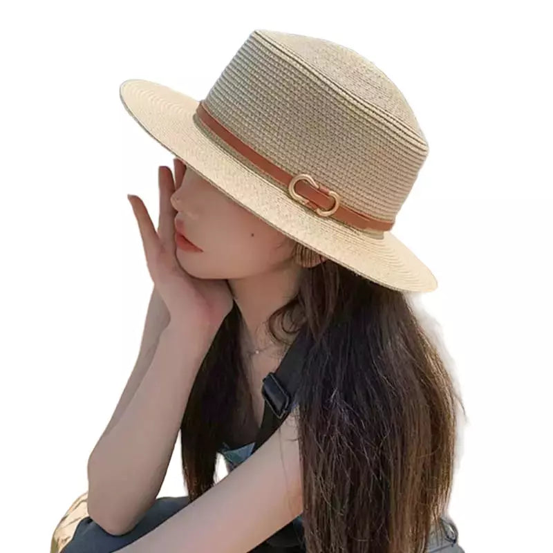 Chapéu de palha feminino bege com fita marrom - proteção solar elegante para praia e verão