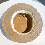 Chapéu de palha natural aba larga com forro branco - proteção UV elegante para praia