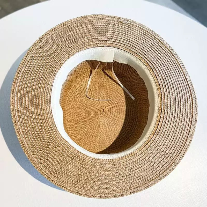 Chapéu de palha natural aba larga com forro branco - proteção UV elegante para praia