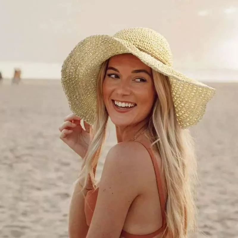Chapéu de praia feminino bege aba larga - proteção solar elegante para verão na praia