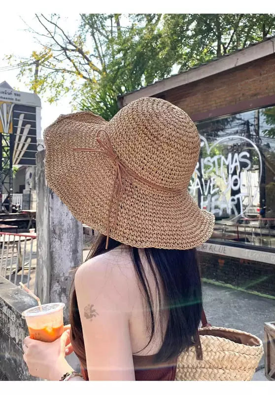 Chapéu de palha marrom aba larga feminino - acessório casual estilo boho para proteção solar