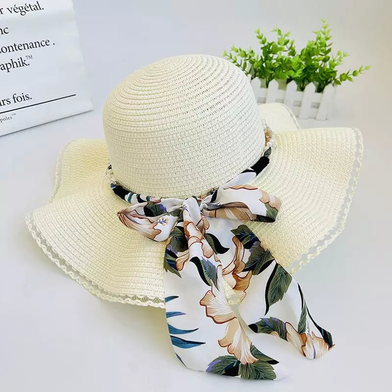 Chapéu de palha branco feminino com lenço floral, aba larga, estilo elegante verão