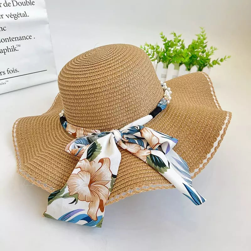 Chapéu de palha bege feminino com fita floral tropical, aba larga, proteção solar