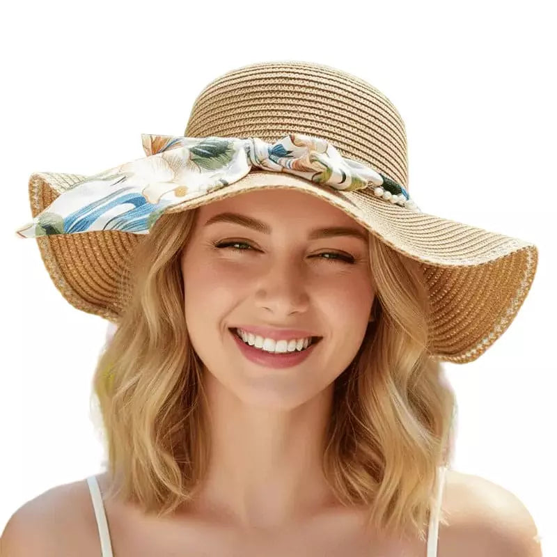 Chapéu de palha feminino com fita floral, aba larga, proteção solar, estilo verão