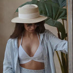 Chapéu de palha branco com faixa, óculos escuros e camisa listrada azul em look praia verão