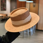 Chapéu de palha caramelo com faixa bege estilo panamá aba média masculino