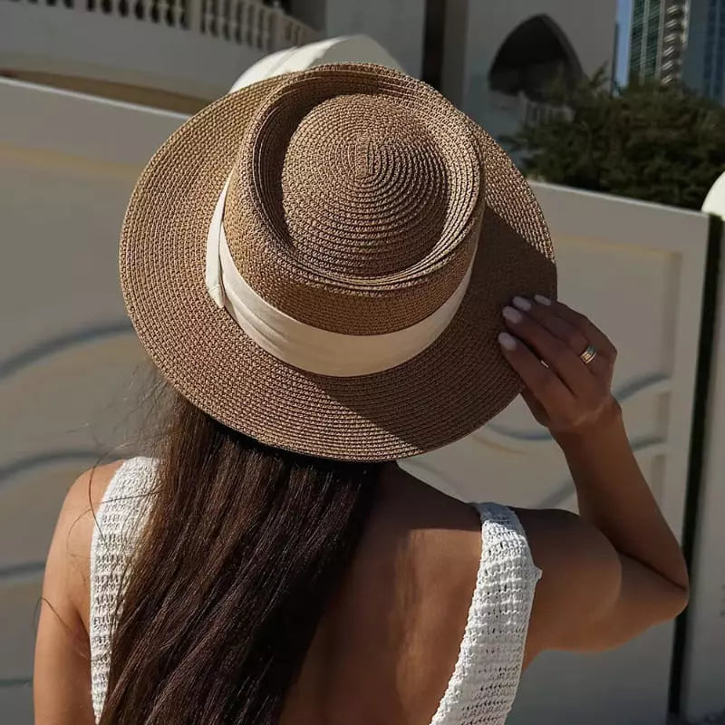 Chapéu de palha marrom com faixa bege aba larga proteção solar feminino verão