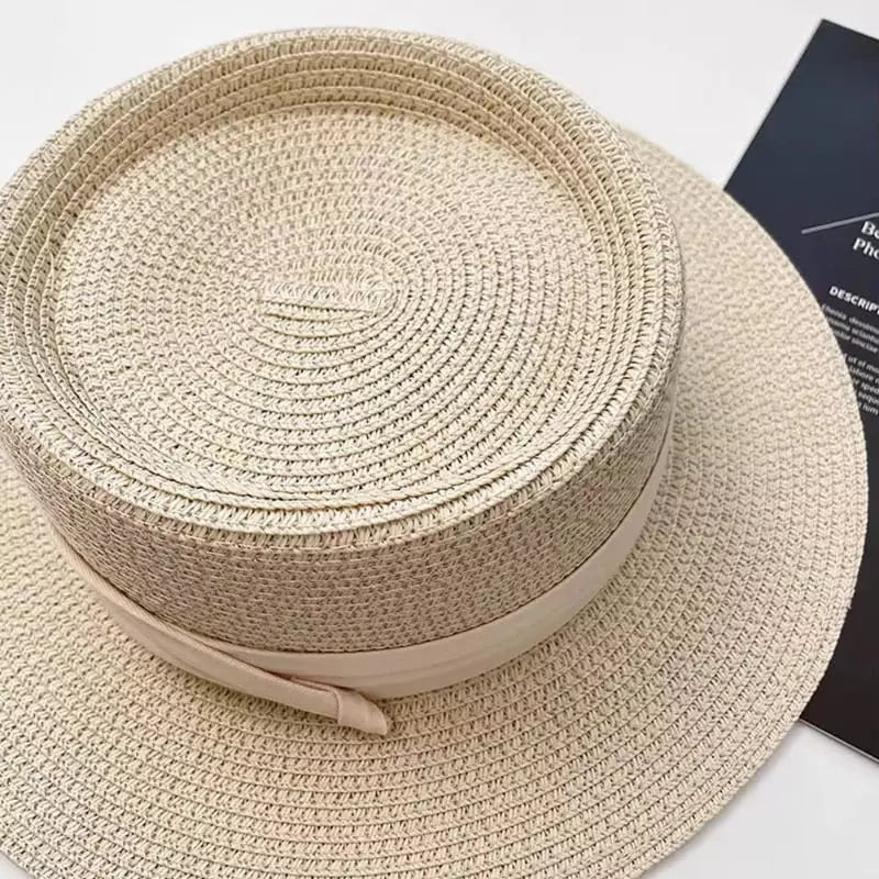 Chapéu de palha bege natural com faixa nude aba larga proteção solar feminino