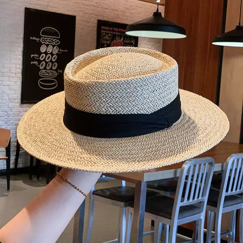 Chapéu de palha bege com faixa preta estilo panamá aba larga clássico unissex