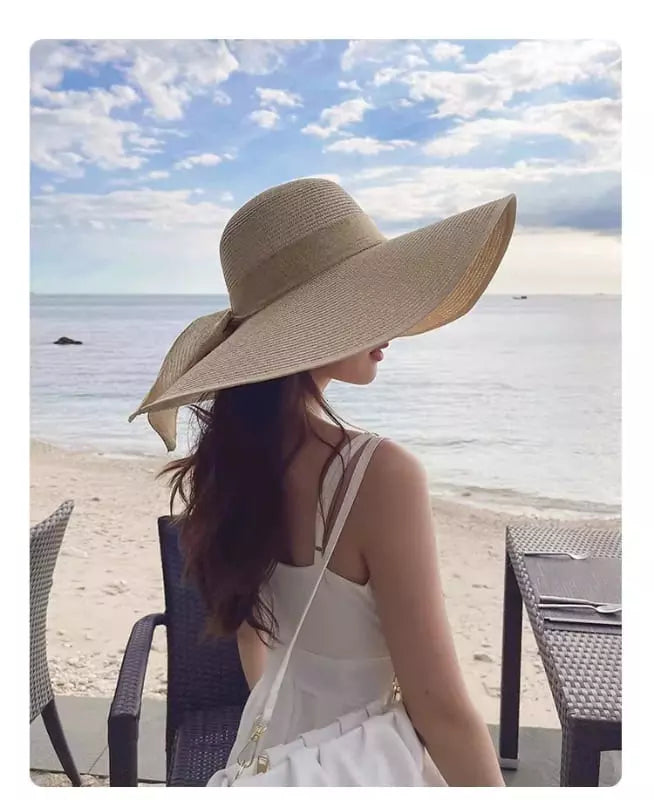 Chapéu de praia feminino bege aba larga, proteção solar elegante para verão e resort