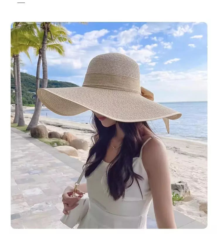 Chapéu feminino palha natural aba extra larga, proteção solar máxima para praia e piscina.Tentar novamente