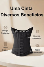 Cinta modeladora feminina preta com benefícios: design anatômico, controle abdominal e tecido respirável