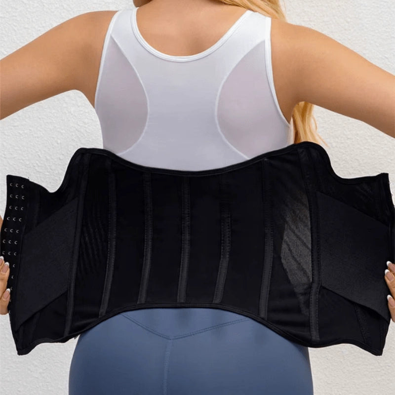 Cinta modeladora feminina preta aberta mostrando interior com barbatanas, vista traseira