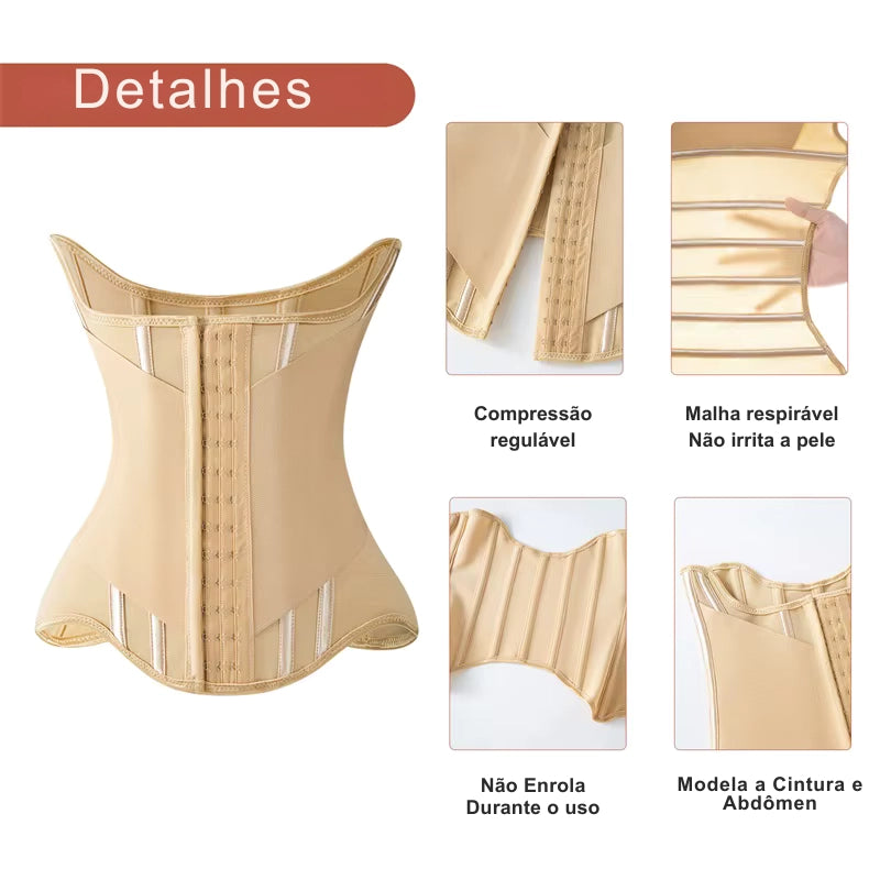 Detalhes da cinta modeladora feminina bege: compressão regulável, malha respirável e modela cintura