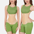 Cinta modeladora feminina bege com barbatanas, modelando cintura. vista frontal e lateral
