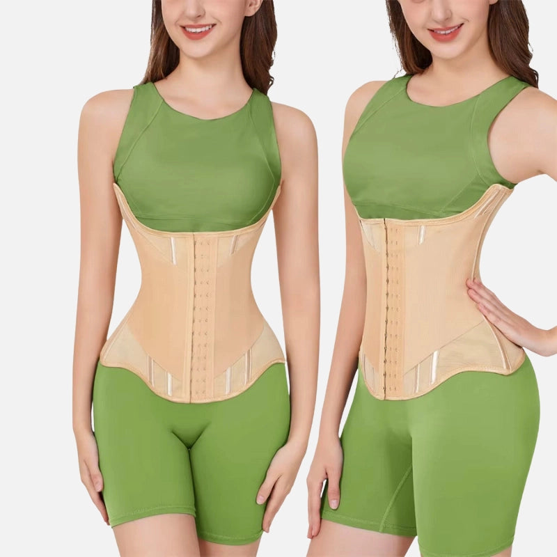 Cinta modeladora feminina bege com barbatanas, modelando cintura. vista frontal e lateral