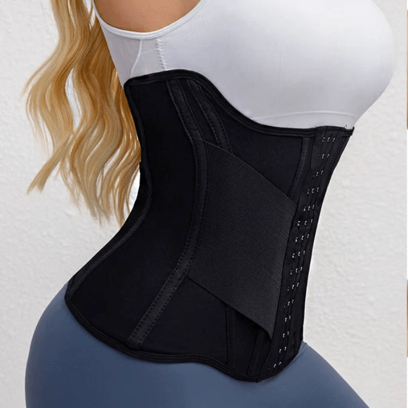 Cinta feminina para afinar cintura preta com colchetes e barbatanas, vista lateral