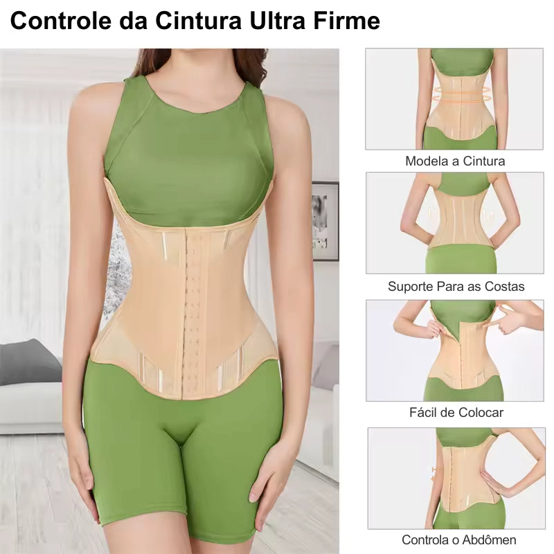 Cinta feminina para afinar cintura bege modelando cintura, costas e abdômen com controle firme