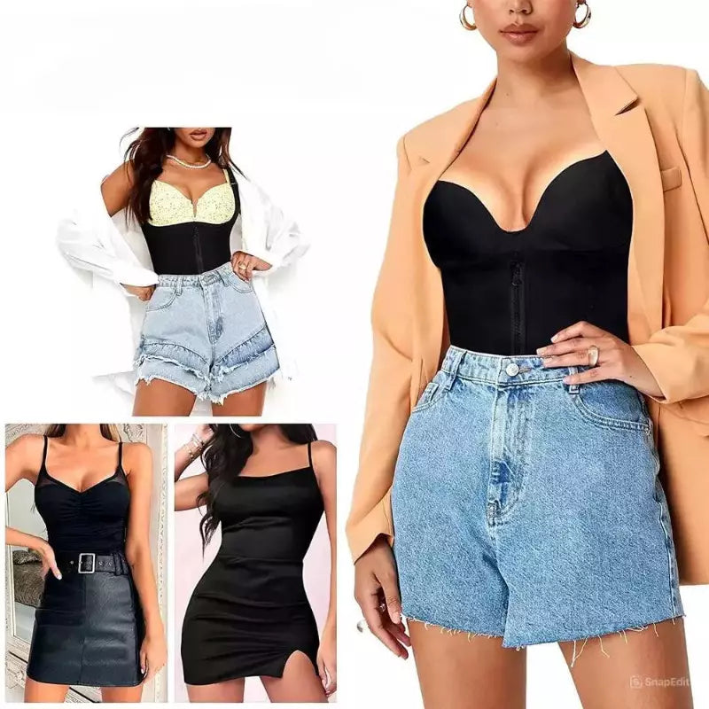 Colete modelador preto versátil em looks casuais e elegantes, combinado com shorts jeans, blazer e vestidos