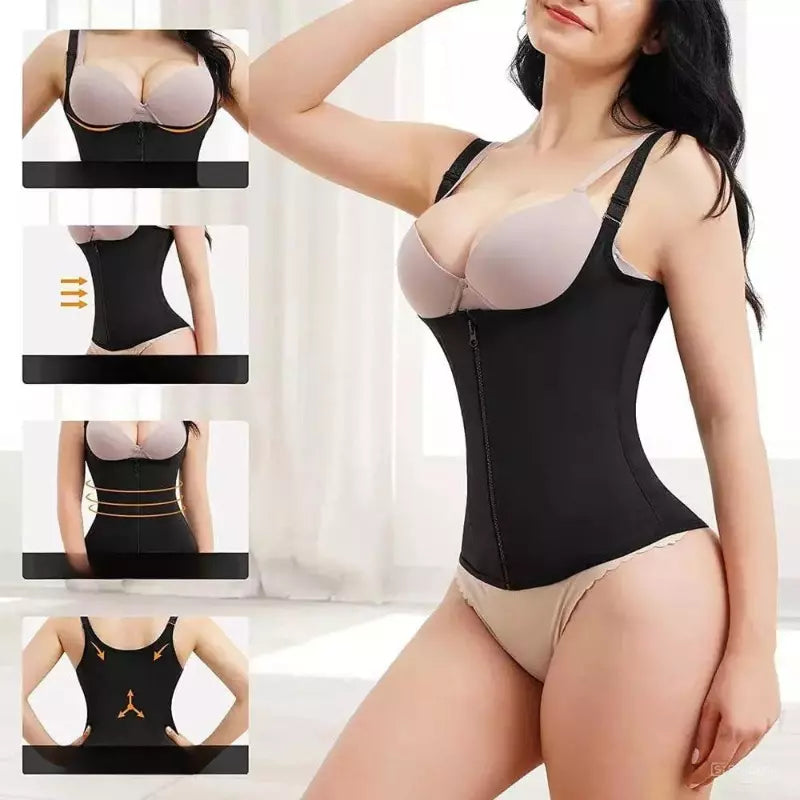 Cinta modeladora preta com zíper, alças ajustáveis, compressão abdominal e design slim para redução da cintura