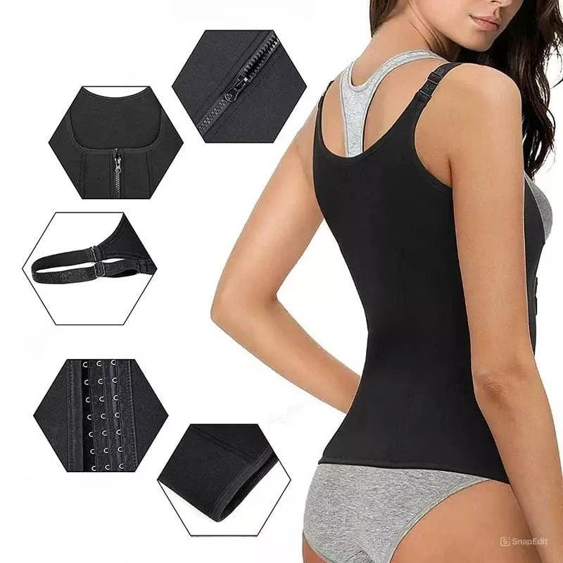 Colete modelador preto com zíper frontal e ajuste lateral, detalhes em hexágono mostrando acabamentos e fechos