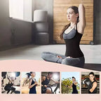 Colete modelador preto durante yoga e exercícios, com imagens mostrando diferentes atividades físicas e esportes