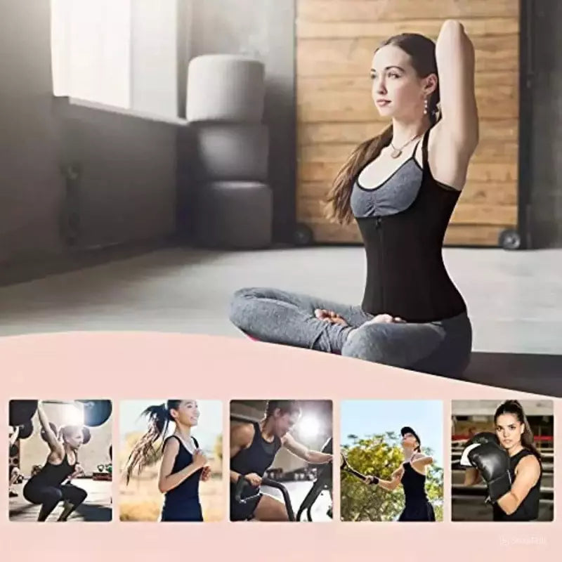 Colete modelador preto durante yoga e exercícios, com imagens mostrando diferentes atividades físicas e esportes